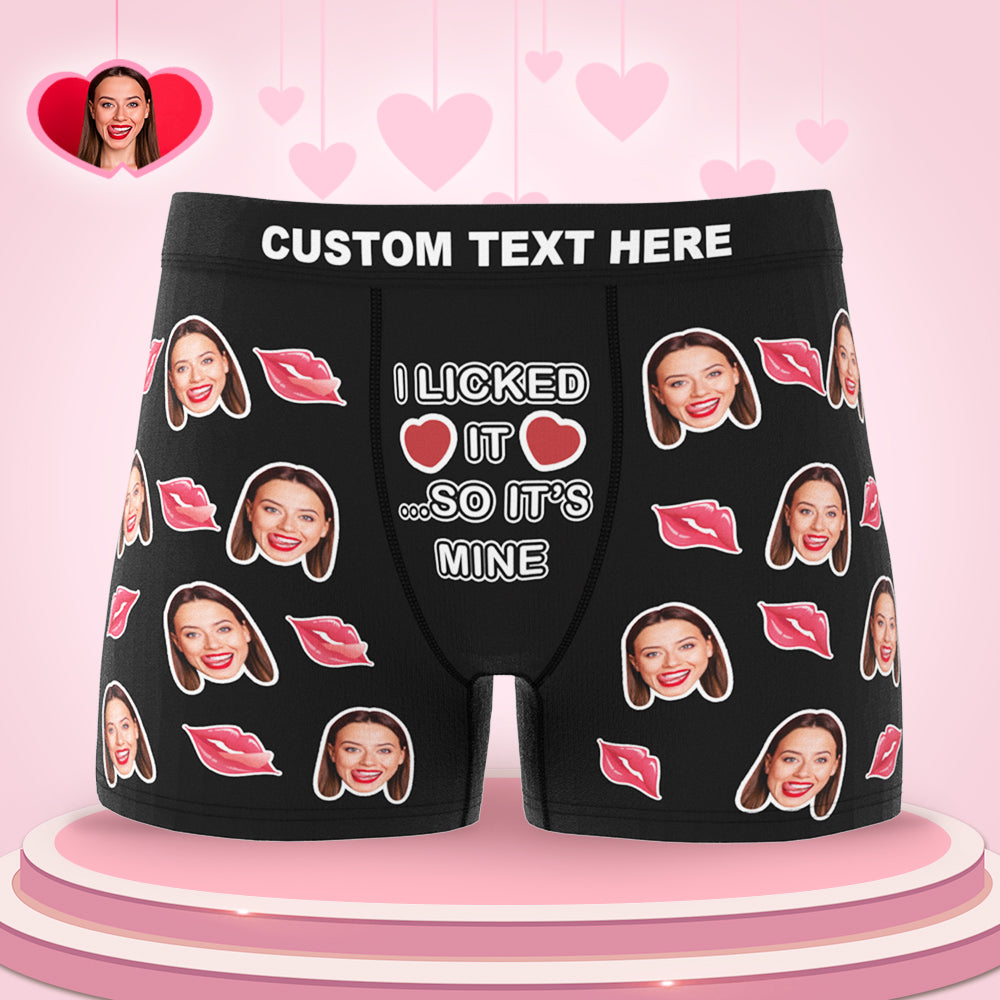 Custom face boxer Valentine's Day gift with "I Licked It So It's Mine" text.