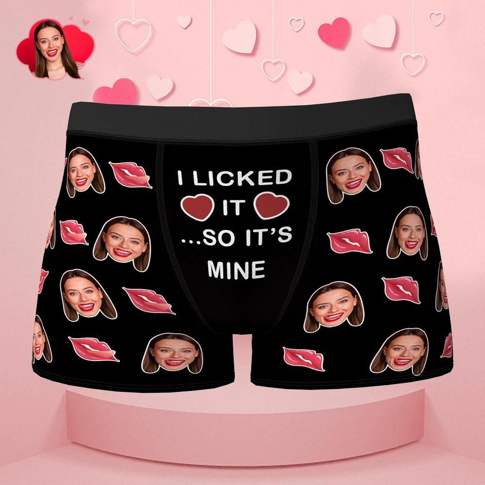 Custom face boxer Valentine's Day gift with "I Licked It So It's Mine" text.