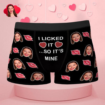 Custom face boxer Valentine's Day gift with "I Licked It So It's Mine" text.