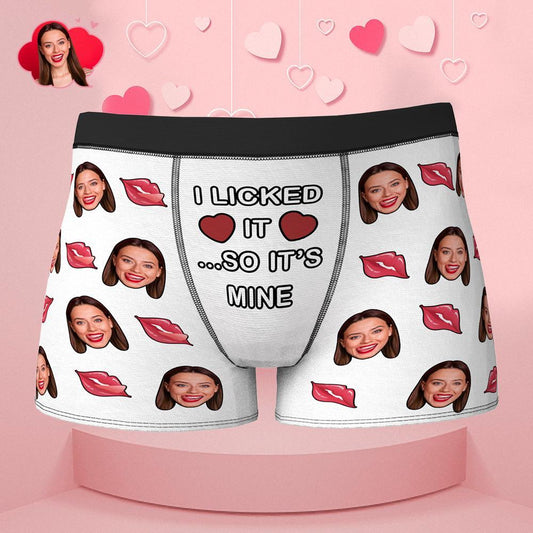 Custom face boxer Valentine's Day gift with "I Licked It So It's Mine" text.