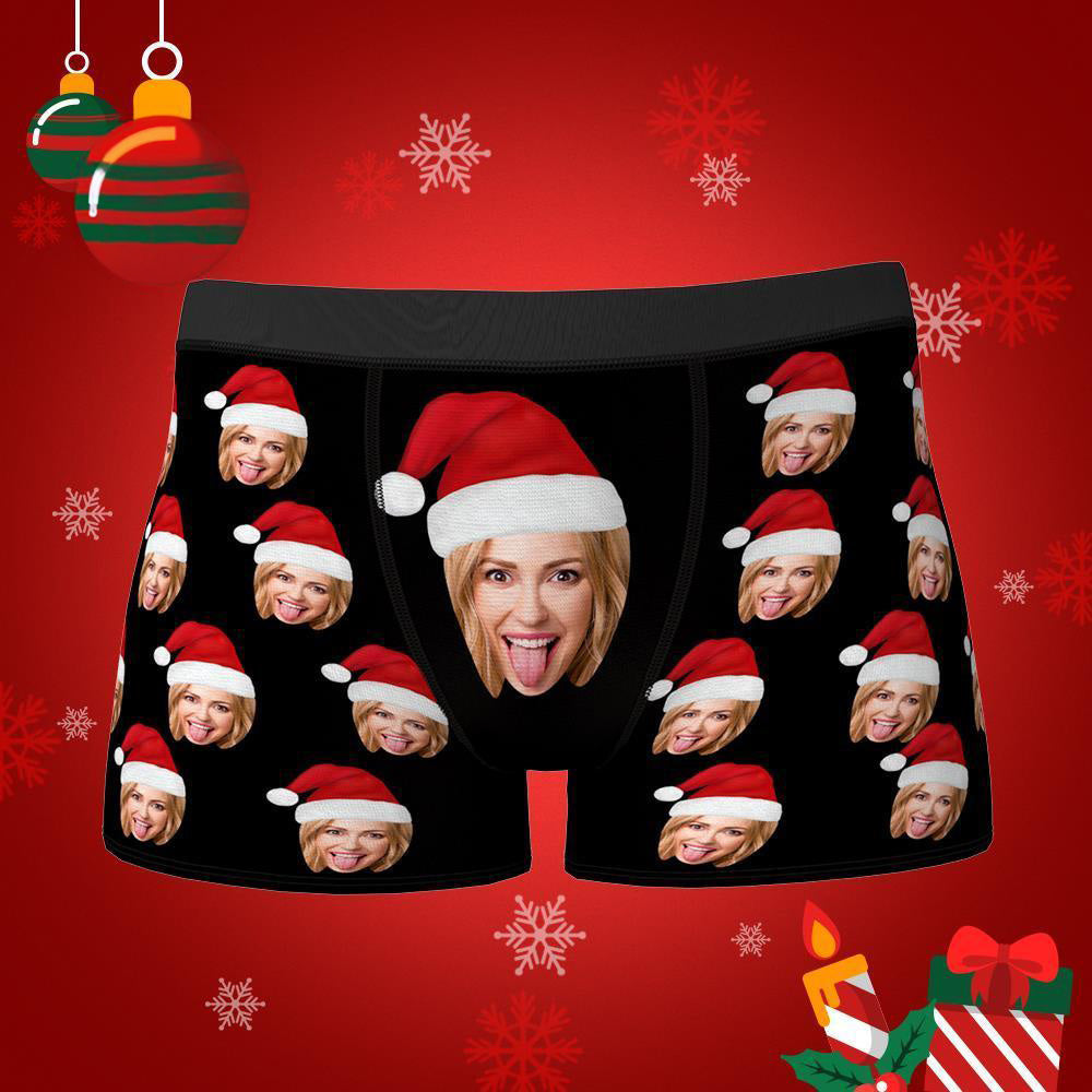 custom face boxers with Christmas hat personalized photo underwear for men