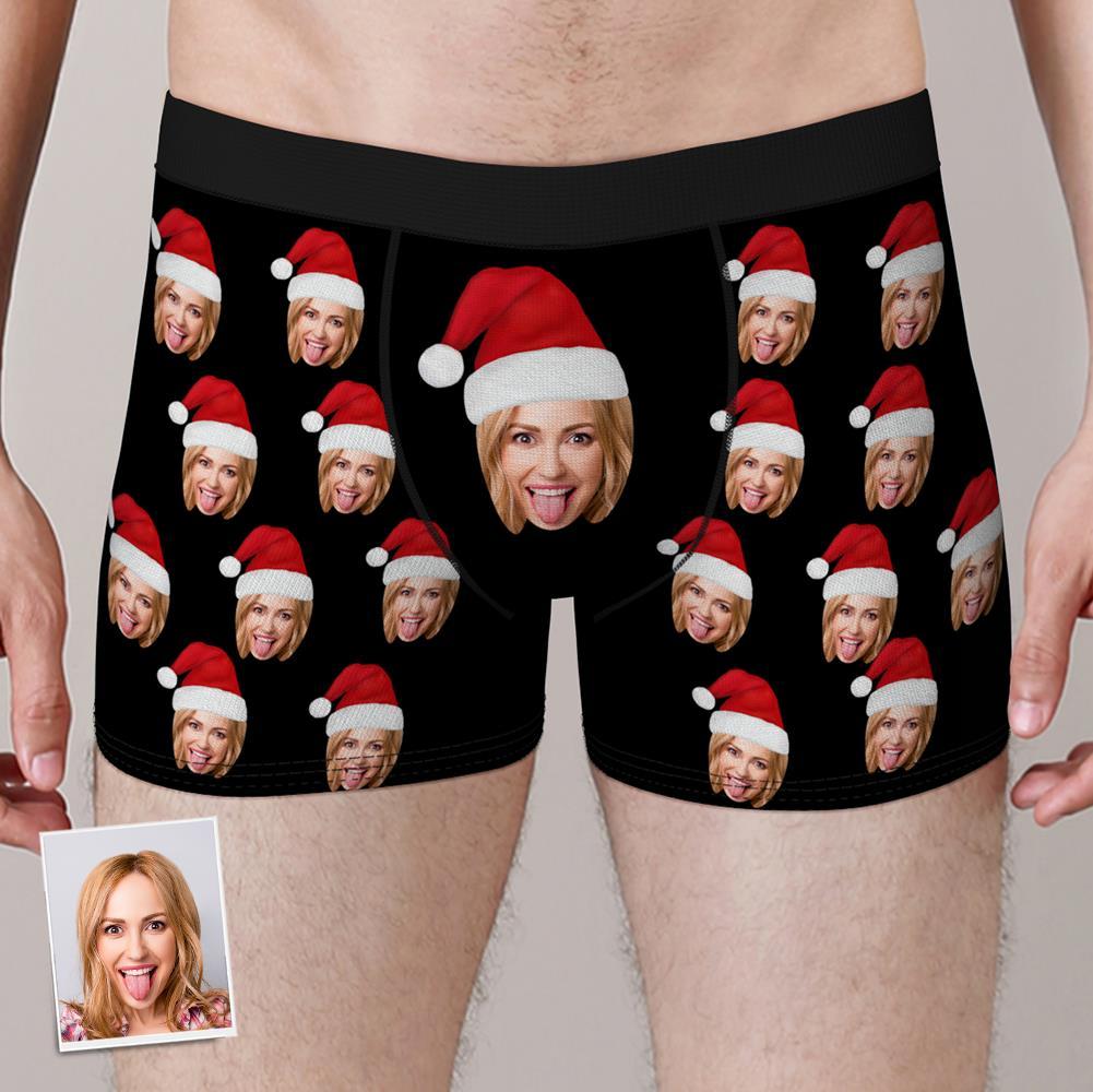 custom face boxers with Christmas hat personalized photo underwear for men