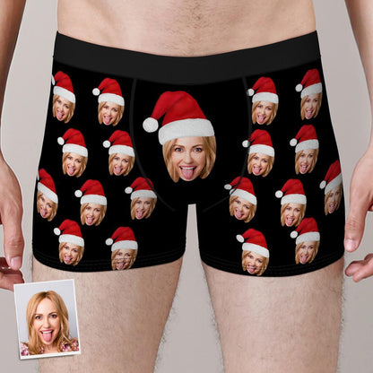 custom face boxers with Christmas hat personalized photo underwear for men