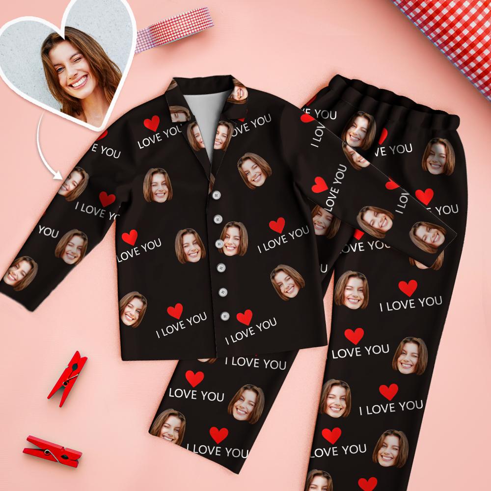 Custom face love you pajamas set black couple sleepwear.