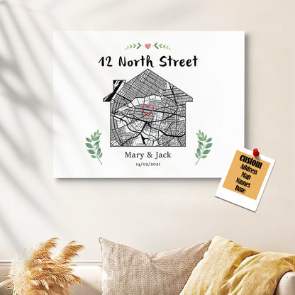 personalized new home map canvas housewarming gift