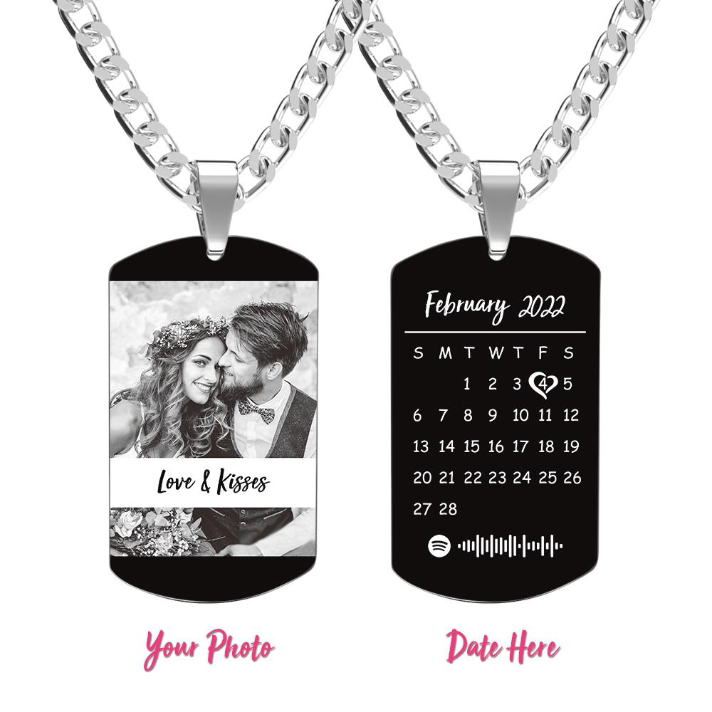 Personalized engraved Spotify photo necklace with calendar.