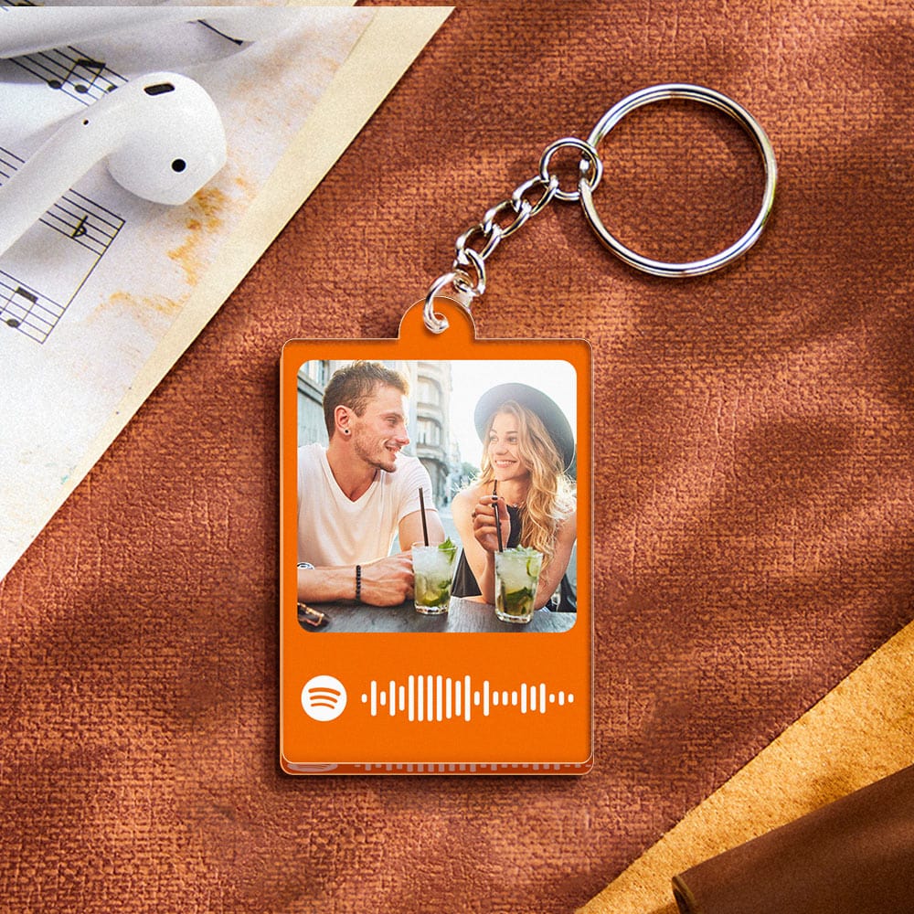 Custom scannable Spotify code keychain with photo and colorful design.