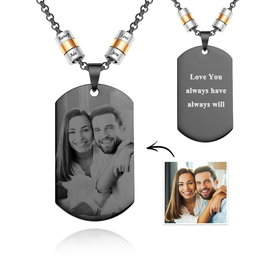 Personalized square photo necklace with engraved beads pendant.