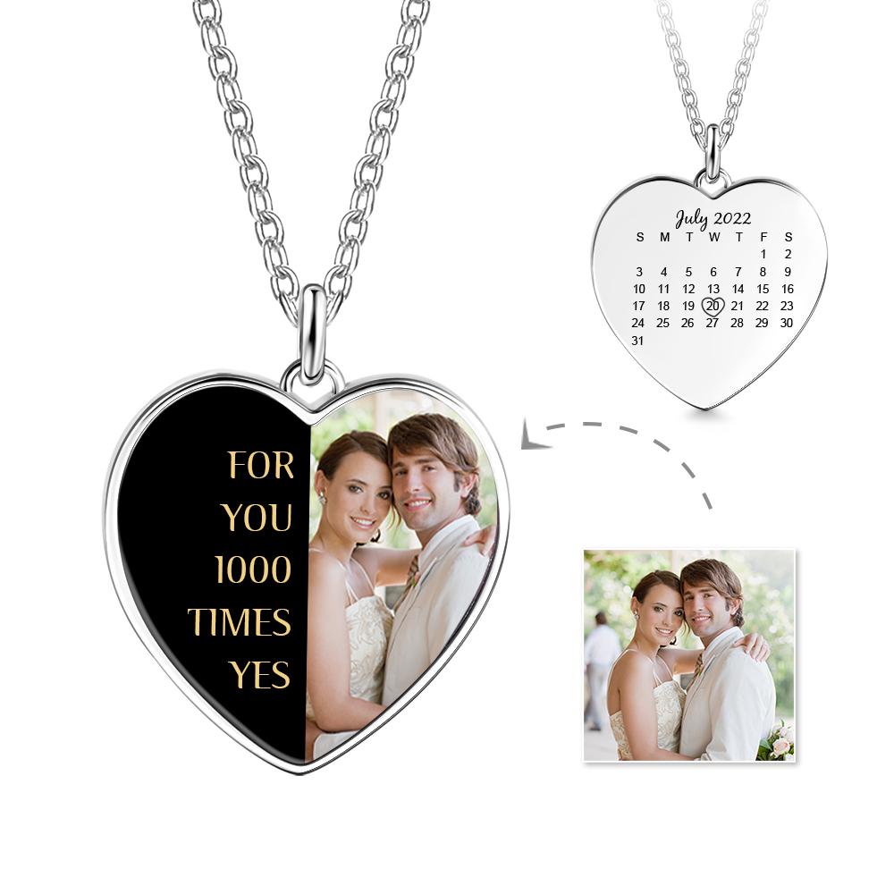 Engraved heart photo necklace with custom words and photo.