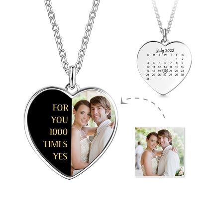 Engraved heart photo necklace with custom words and photo.