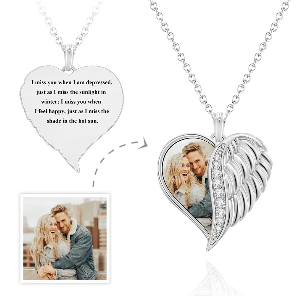 Custom photo engraved necklace angel wings heart gift.