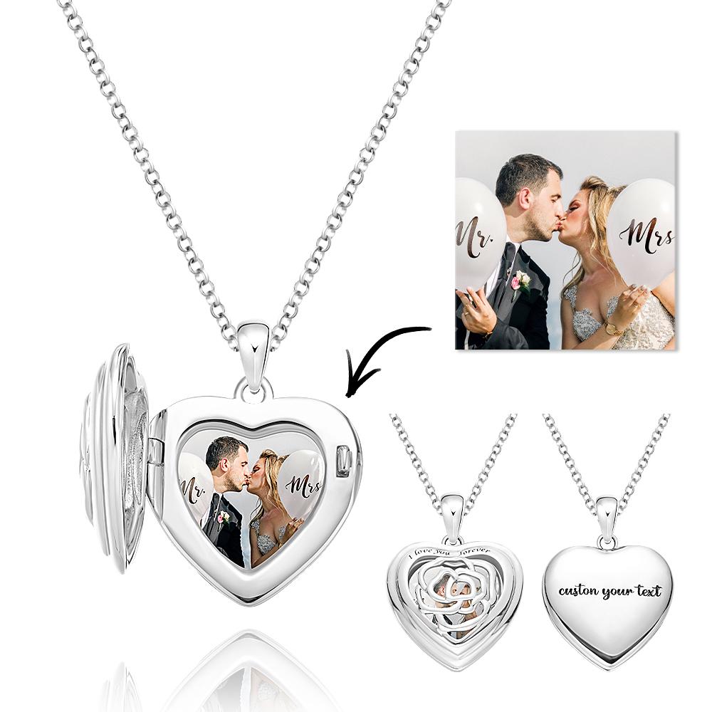 Custom photo engraved heart locket necklace, rose gift for women.