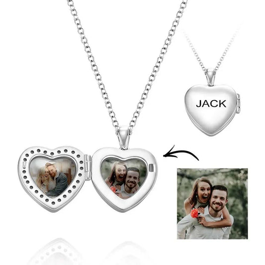 Custom heart-shaped photo locket necklace with engraving.