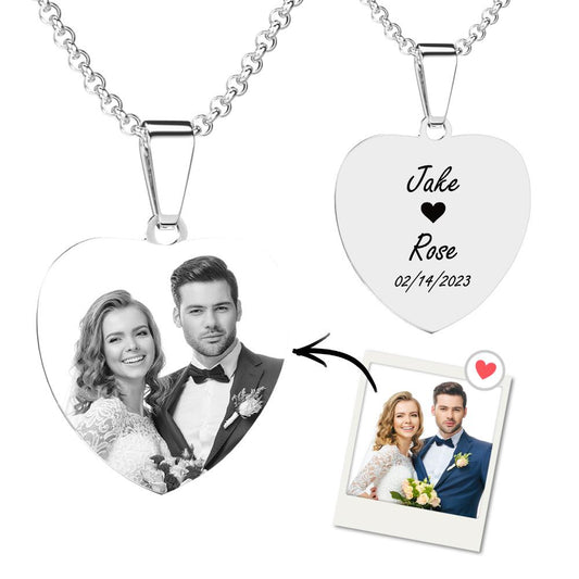 Custom photo necklace engraved heart tag gift.