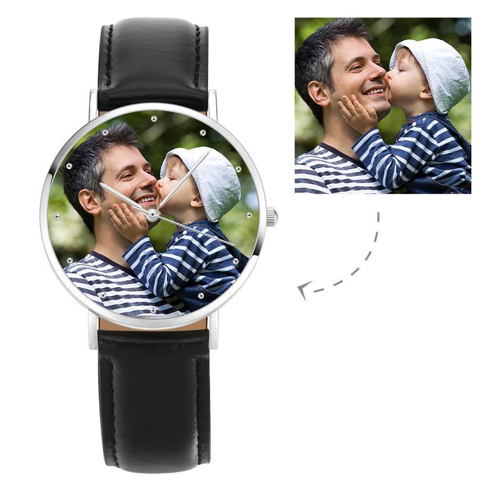 personalized engraved photo watch black leather strap