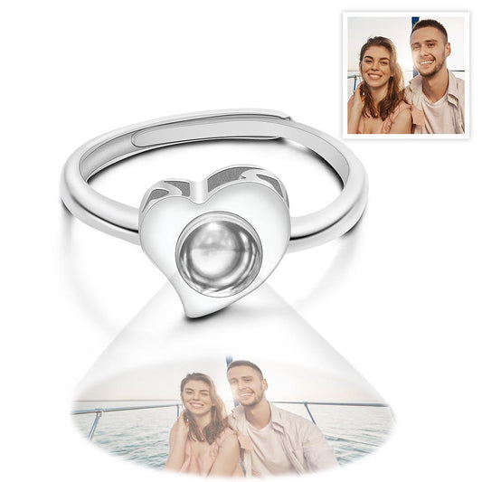 S925 sterling silver heart-shaped photo projection open ring, personalized women's jewelry Valentine's Day gift.