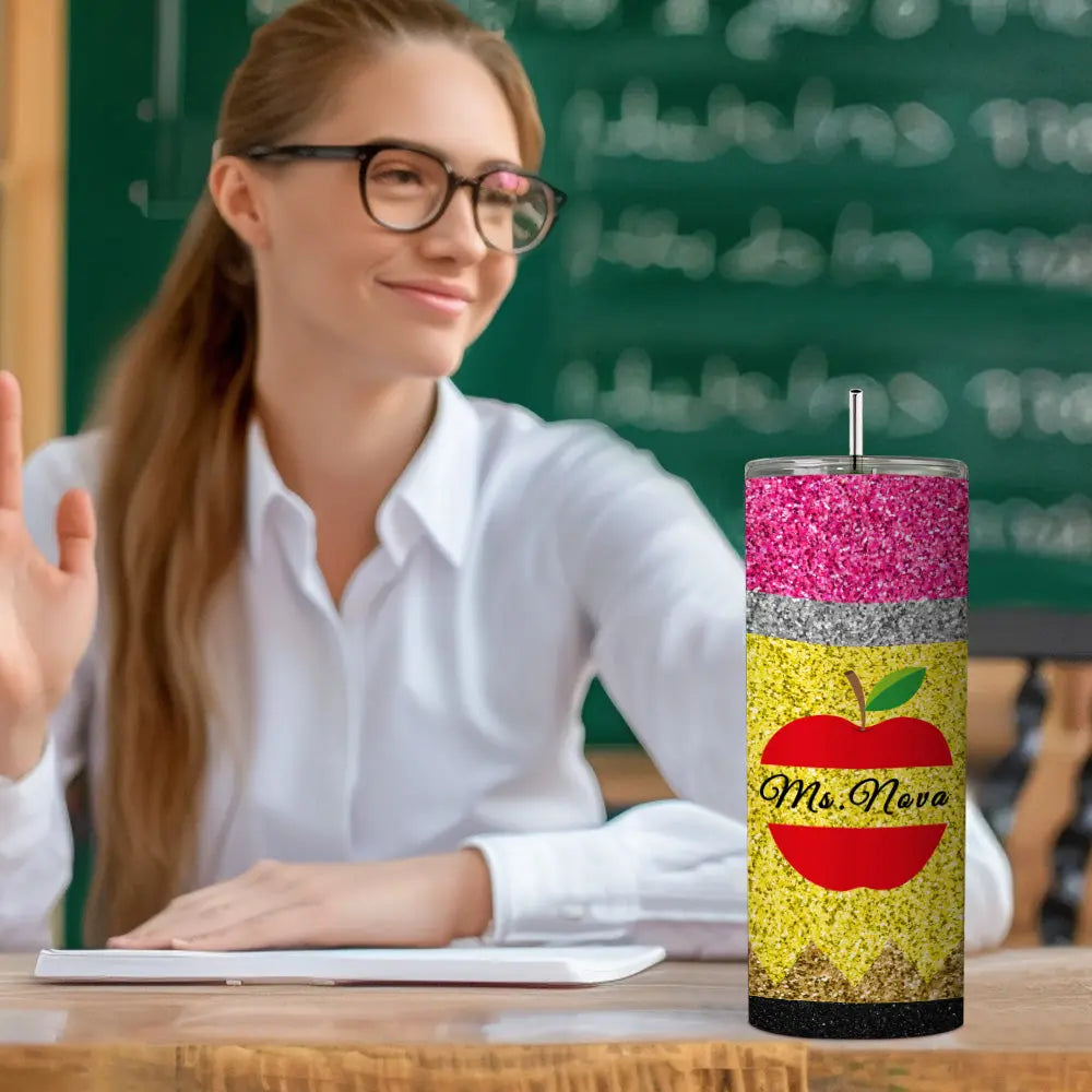 personalized glitter apple skinny tumbler teacher gift