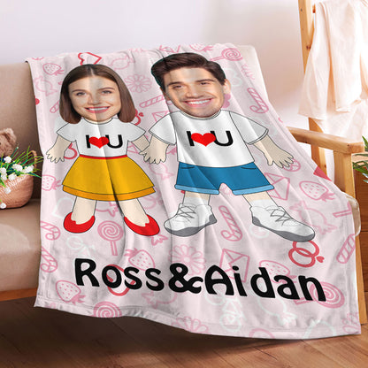 I LOVE U custom names face blanket personalized couple gift.