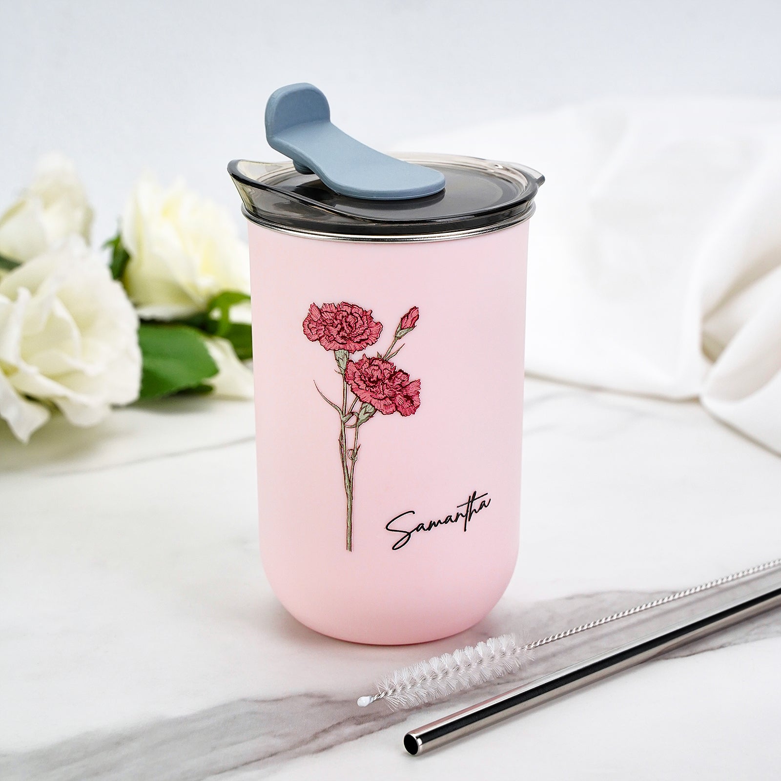 custom name birth flower straw coffee cup personalized gift