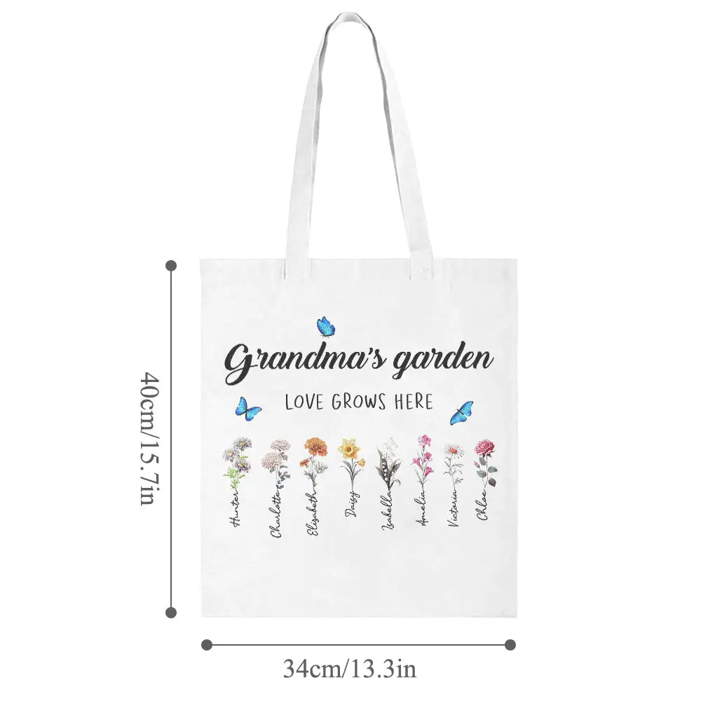 Personalized tote bag with birth flowers and kids' names, ideal gift for grandma or mom.