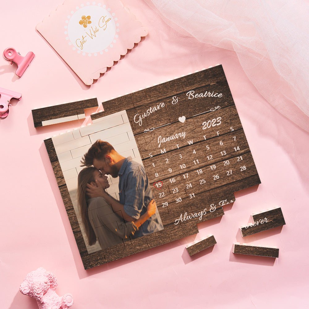 Custom building block puzzle trio photo brick calendar