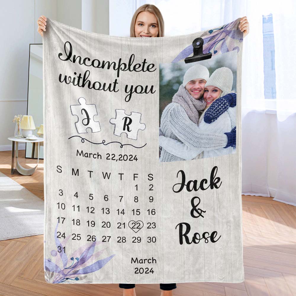 Personalized custom calendar blanket with photo and name, perfect Valentine's Day or wedding gift.