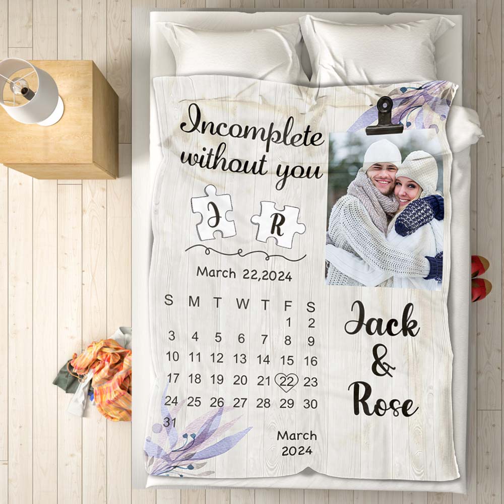 Personalized custom calendar blanket with photo and name, perfect Valentine's Day or wedding gift.