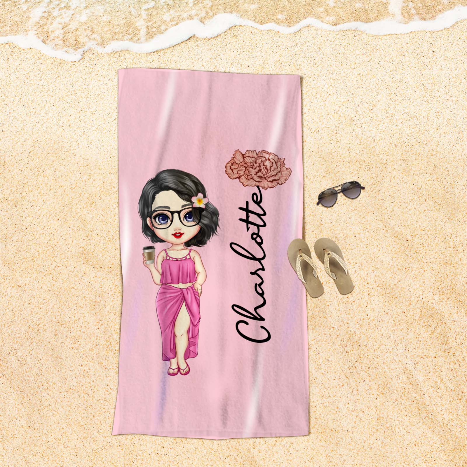 custom cartoon beach towel personalized name and birth flower