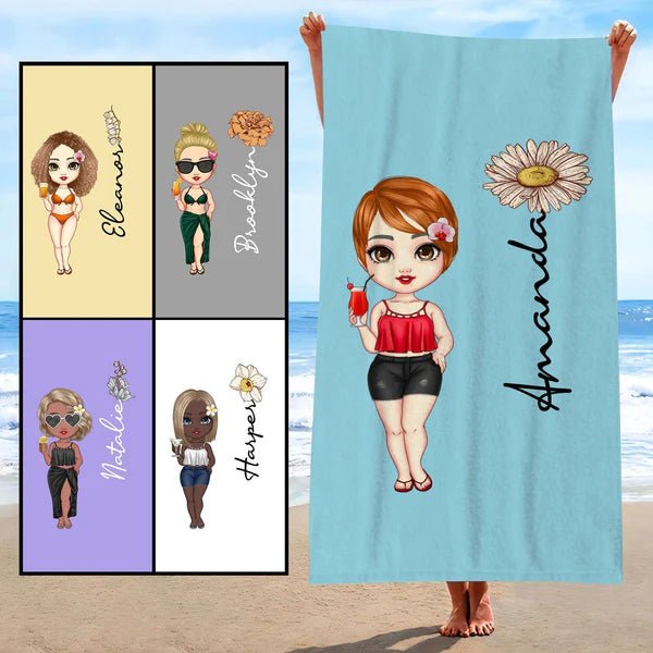 Custom Cartoon Women Girl Birth Flower Multicolor Beach Towel Personalized Name Vacation Beach Towel Gift for Friend - LoveForge