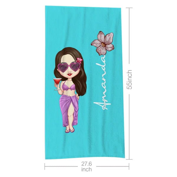 Custom Cartoon Women Girl Birth Flower Multicolor Beach Towel Personalized Name Vacation Beach Towel Gift for Friend - LoveForge