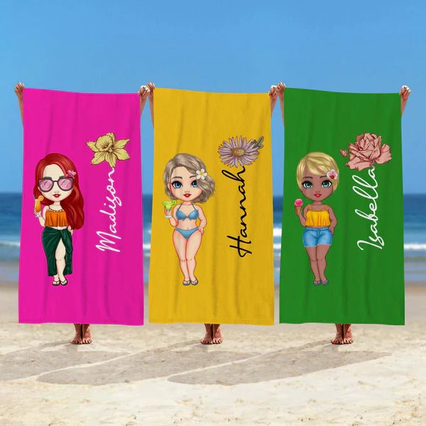 Custom Cartoon Women Girl Birth Flower Multicolor Beach Towel Personalized Name Vacation Beach Towel Gift for Friend - LoveForge