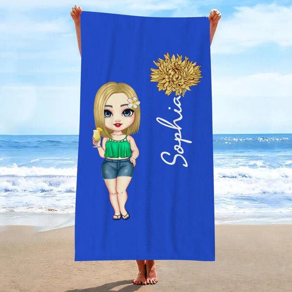 Custom Cartoon Women Girl Birth Flower Multicolor Beach Towel Personalized Name Vacation Beach Towel Gift for Friend - LoveForge