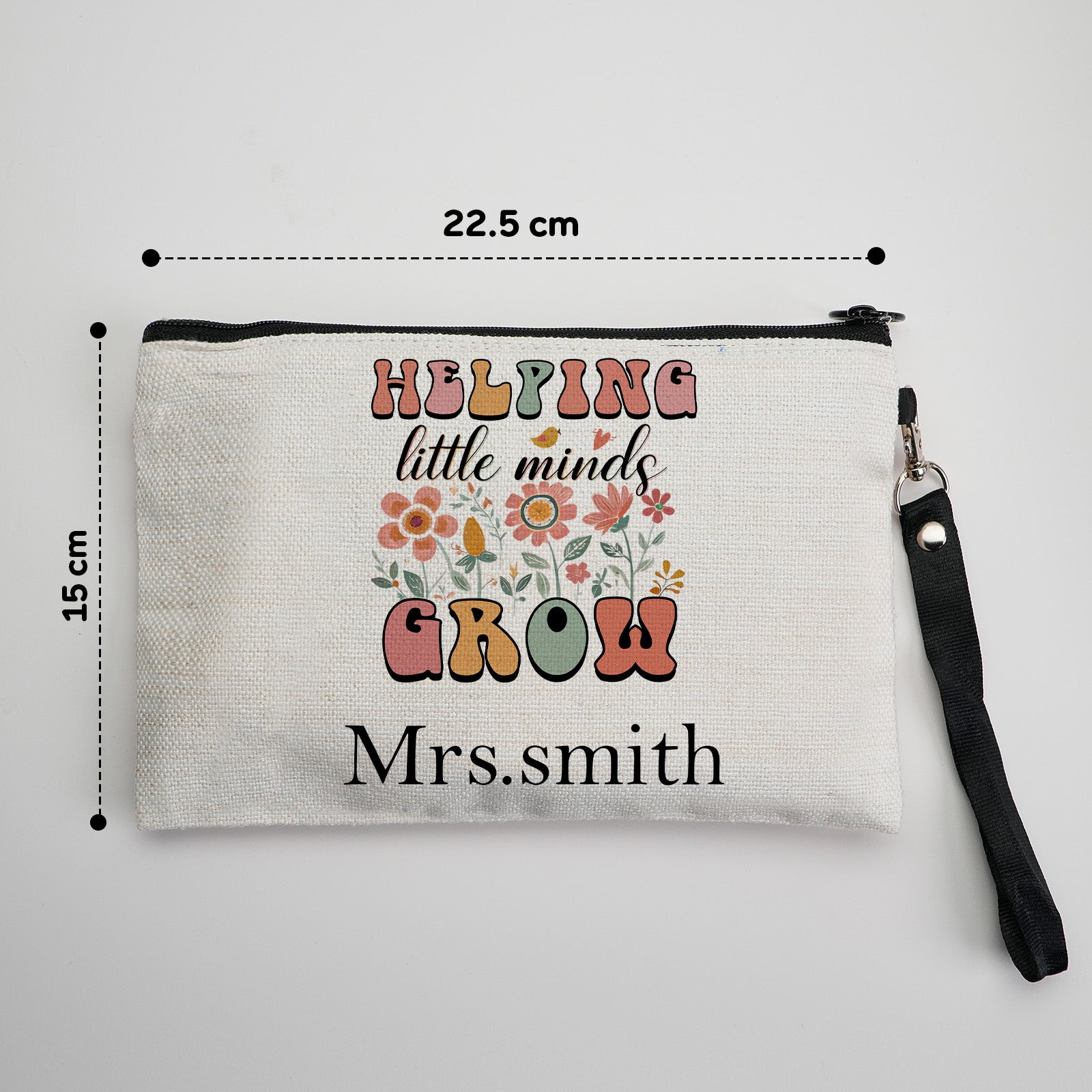 Custom canvas makeup bag with flower pencil design and name, ideal teacher gift.