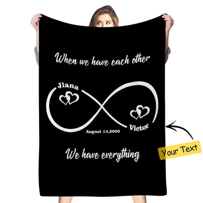 Custom infinity love blanket with personalized names, soft and romantic gift for couples or anniversaries.