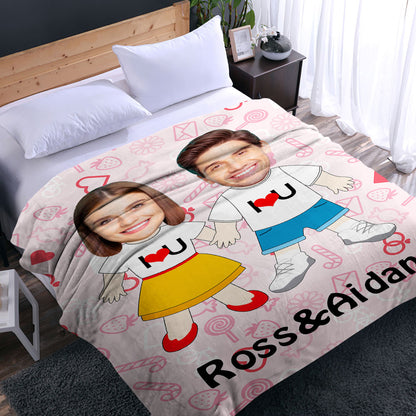 I LOVE U custom names face blanket personalized couple gift.