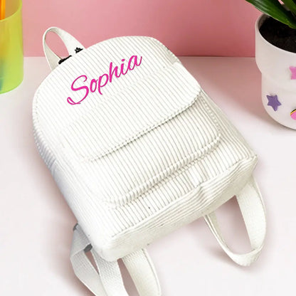 Personalized mini corduroy backpack with name, perfect for kids' school or back-to-school gift.